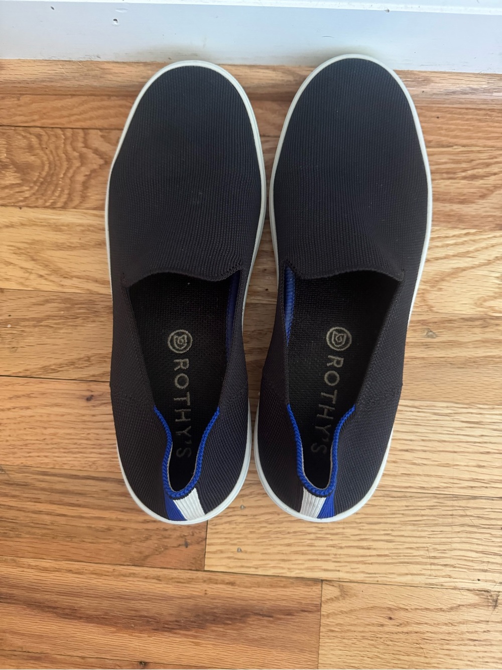Rothy's Black Slip-On Knit Loafers with Blue Trim